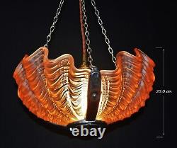 Art deco 3-tinted opalescent glass moulded slip clamshell Odeon pendant light