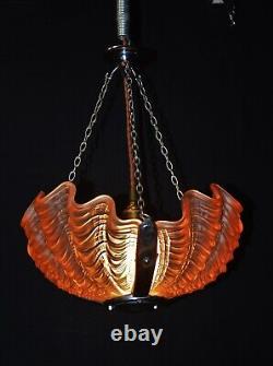 Art deco 3-tinted opalescent glass moulded slip clamshell Odeon pendant light