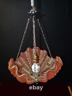 Art deco 3-tinted opalescent glass moulded slip clamshell Odeon pendant light