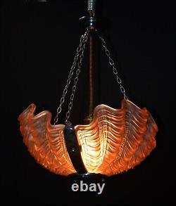 Art deco 3-tinted opalescent glass moulded slip clamshell Odeon pendant light
