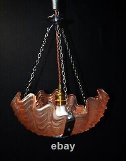 Art deco 3-tinted opalescent glass moulded slip clamshell Odeon pendant light