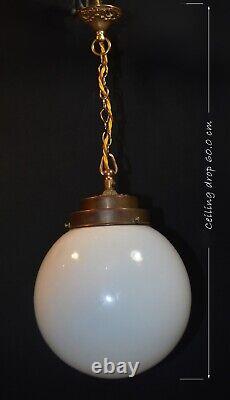 Art deco Edwardian Opaline glass & Bronze schoolhouse pendant light C-1910s