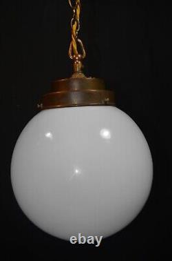 Art deco Edwardian Opaline glass & Bronze schoolhouse pendant light C-1910s