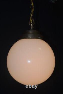 Art deco Edwardian Opaline glass & Bronze schoolhouse pendant light C-1910s