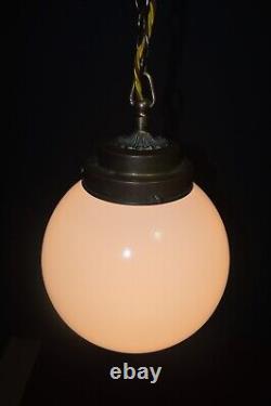 Art deco Edwardian Opaline glass & Bronze schoolhouse pendant light C-1910s