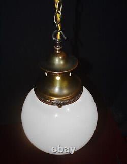 Art deco Edwardian Opaline glass & Bronze schoolhouse pendant light C-1910s