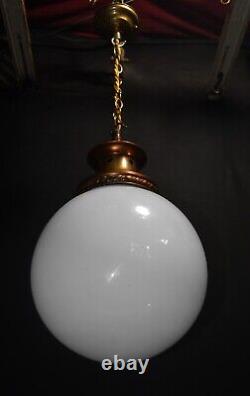 Art deco Edwardian Opaline glass & Bronze schoolhouse pendant light C-1910s