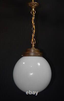 Art deco Edwardian Opaline glass & Bronze schoolhouse pendant light C-1910s