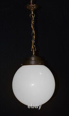 Art deco Edwardian Opaline glass & Bronze schoolhouse pendant light C-1910s