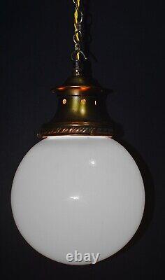 Art deco Edwardian Opaline glass & Bronze schoolhouse pendant light C-1910s