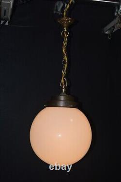 Art deco Edwardian Opaline glass & Bronze schoolhouse pendant light C-1910s