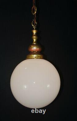 Art deco Large & heavy Opaline glass, bronze & brass school house pendant light