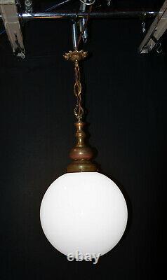 Art deco Large & heavy Opaline glass, bronze & brass school house pendant light