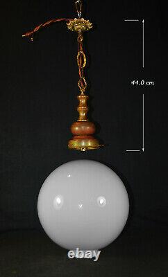 Art deco Large & heavy Opaline glass, bronze & brass school house pendant light