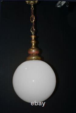 Art deco Large & heavy Opaline glass, bronze & brass school house pendant light