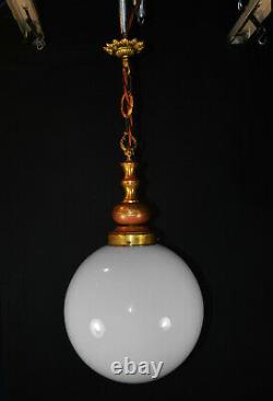 Art deco Large & heavy Opaline glass, bronze & brass school house pendant light