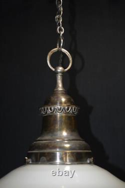 Art deco Neoclassical Opaline glass & chrome pendant schoolhouse light C-1920s