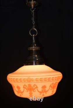 Art deco Neoclassical Opaline glass & chrome pendant schoolhouse light C-1920s