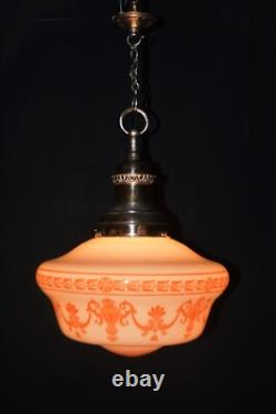 Art deco Neoclassical Opaline glass & chrome pendant schoolhouse light C-1920s