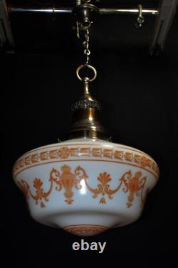 Art deco Neoclassical Opaline glass & chrome pendant schoolhouse light C-1920s