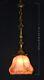 Art Deco Gilt Brass, Bronze & Hand- Painted Opaline Glass Pendant Light C-1930s