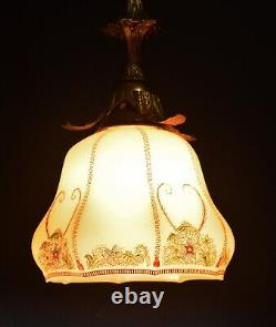 Art deco gilt brass, bronze & Hand- painted Opaline glass pendant light C-1930s