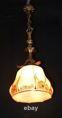 Art deco gilt brass, bronze & Hand- painted Opaline glass pendant light C-1930s