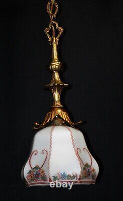 Art deco gilt brass, bronze & Hand- painted Opaline glass pendant light C-1930s