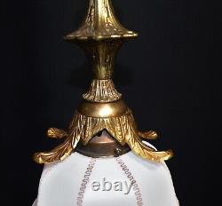 Art deco gilt brass, bronze & Hand- painted Opaline glass pendant light C-1930s