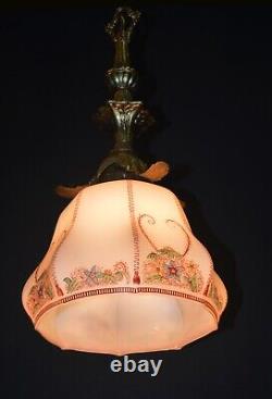 Art deco gilt brass, bronze & Hand- painted Opaline glass pendant light C-1930s