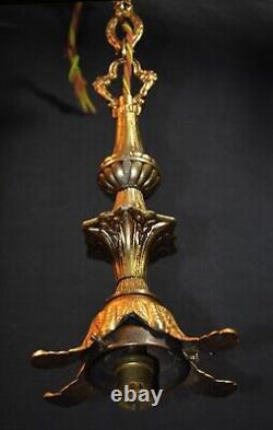 Art deco gilt brass, bronze & Hand- painted Opaline glass pendant light C-1930s
