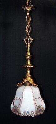 Art deco gilt brass, bronze & Hand- painted Opaline glass pendant light C-1930s