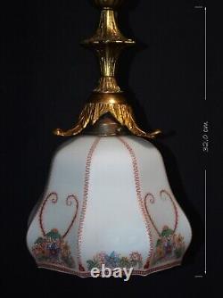Art deco gilt brass, bronze & Hand- painted Opaline glass pendant light C-1930s
