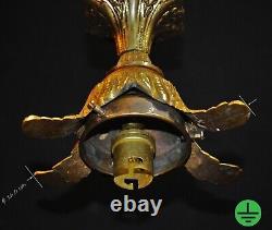 Art deco gilt brass, bronze & Hand- painted Opaline glass pendant light C-1930s