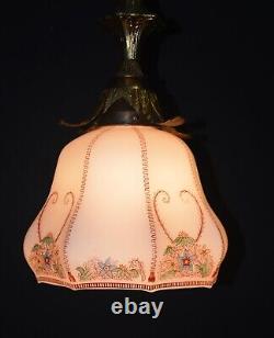 Art deco gilt brass, bronze & Hand- painted Opaline glass pendant light C-1930s