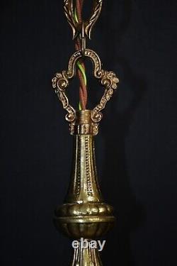 Art deco gilt brass, bronze & Hand- painted Opaline glass pendant light C-1930s