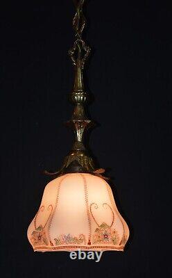 Art deco gilt brass, bronze & Hand- painted Opaline glass pendant light C-1930s