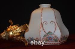 Art deco gilt brass, bronze & Hand- painted Opaline glass pendant light C-1930s