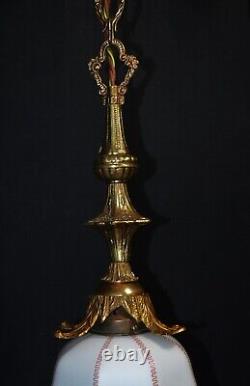 Art deco gilt brass, bronze & Hand- painted Opaline glass pendant light C-1930s