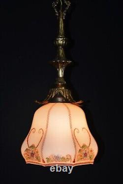 Art deco gilt brass, bronze & Hand- painted Opaline glass pendant light C-1930s