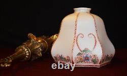 Art deco gilt brass, bronze & Hand- painted Opaline glass pendant light C-1930s