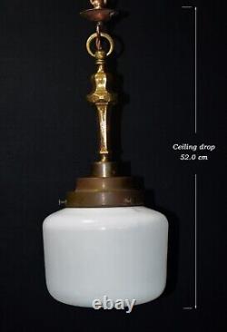 Art deco industrial Opaline glass bronze & brass schoolhouse pendant light C1920
