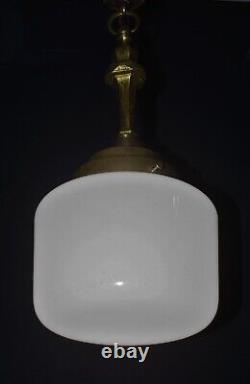 Art deco industrial Opaline glass bronze & brass schoolhouse pendant light C1920