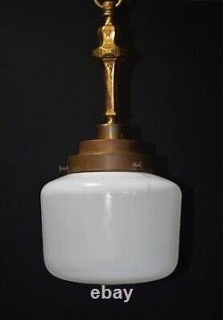Art deco industrial Opaline glass bronze & brass schoolhouse pendant light C1920