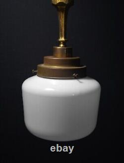 Art deco industrial Opaline glass bronze & brass schoolhouse pendant light C1920