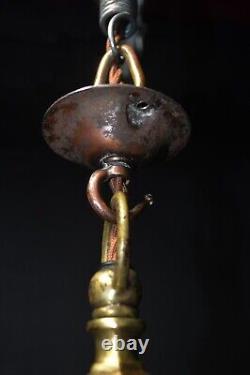 Art deco industrial Opaline glass bronze & brass schoolhouse pendant light C1920