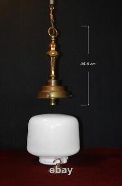 Art deco industrial Opaline glass bronze & brass schoolhouse pendant light C1920