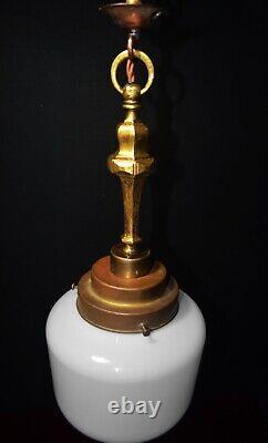 Art deco industrial Opaline glass bronze & brass schoolhouse pendant light C1920