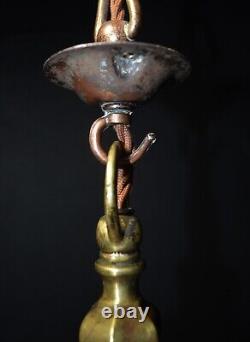 Art deco industrial Opaline glass bronze & brass schoolhouse pendant light C1920
