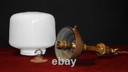 Art deco industrial Opaline glass bronze & brass schoolhouse pendant light C1920